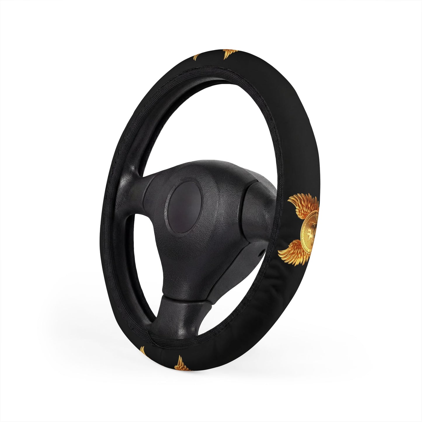 bitcoin Sunface Black Steering Wheel Cover — Decorative Car Accessory with Golden Sun Design