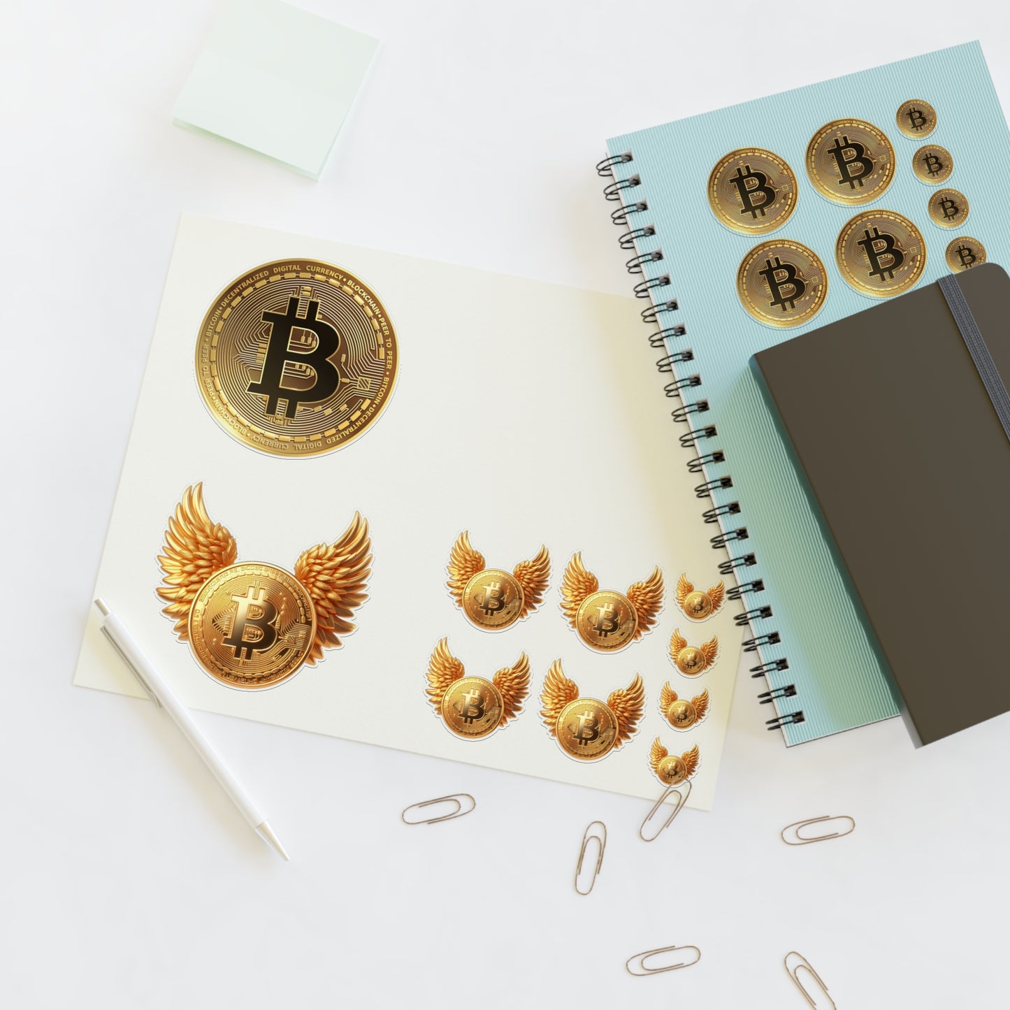 Bitcoin Coin Sticker Sheet — Gold Crypto Decals (Winged & Round Designs)