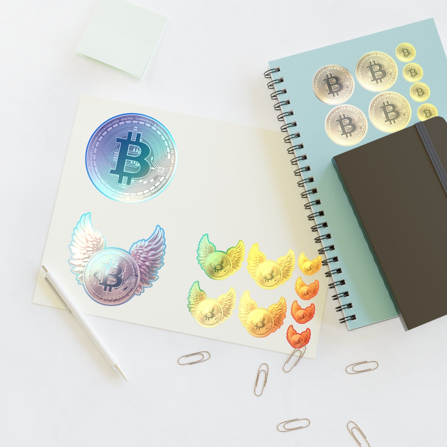 Bitcoin Coin Sticker Sheet — Gold Crypto Decals (Winged & Round Designs)