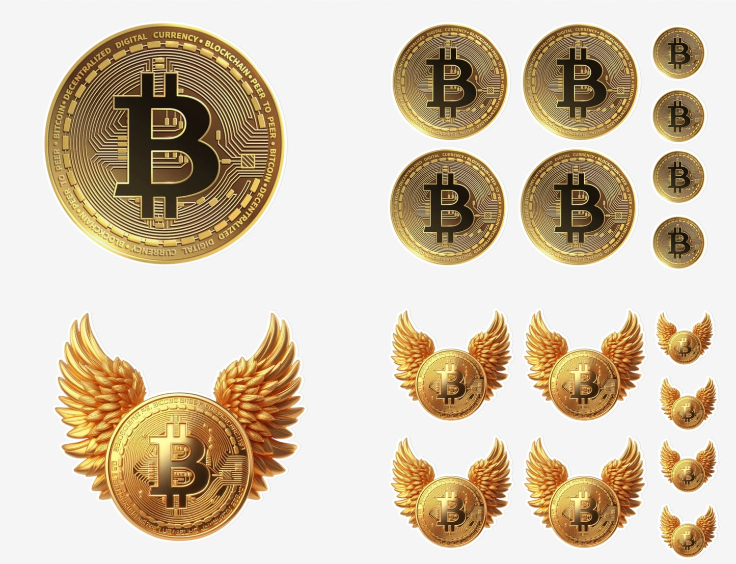 Bitcoin Coin Sticker Sheet — Gold Crypto Decals (Winged & Round Designs)