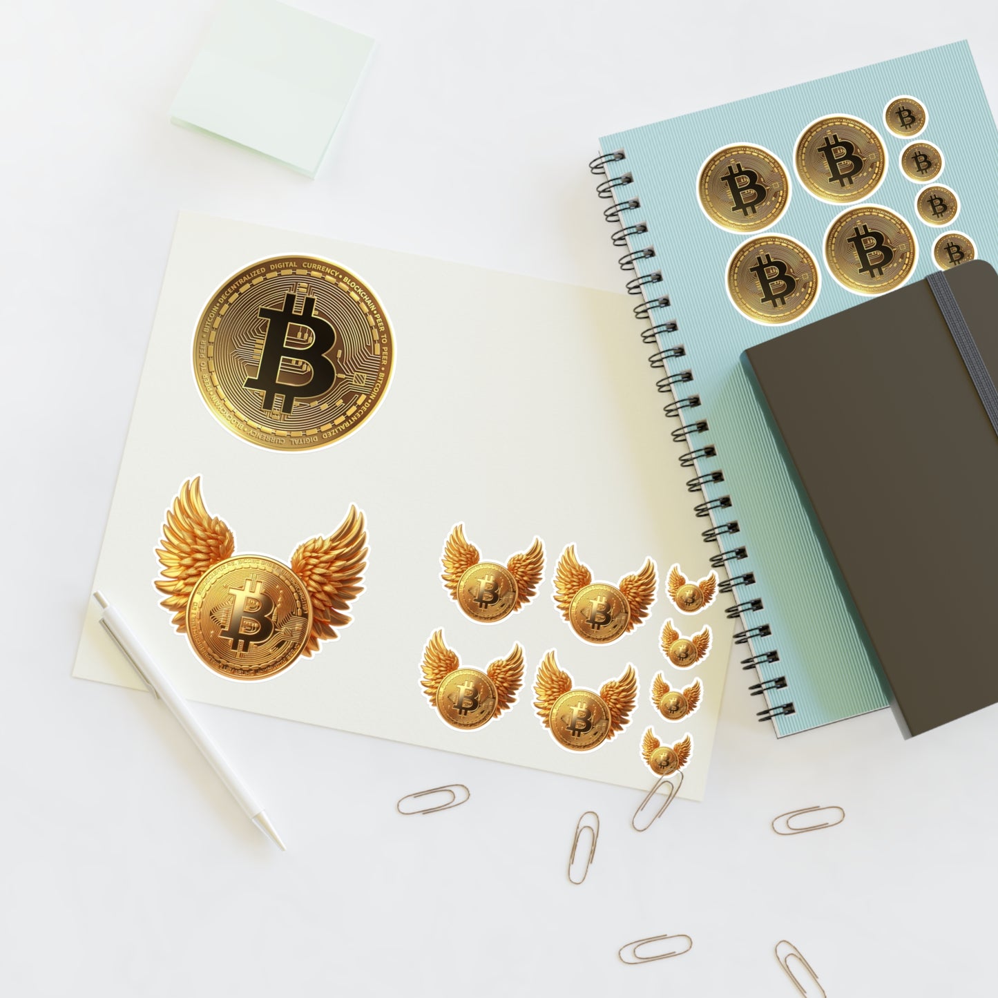 Bitcoin Coin Sticker Sheet — Gold Crypto Decals (Winged & Round Designs)