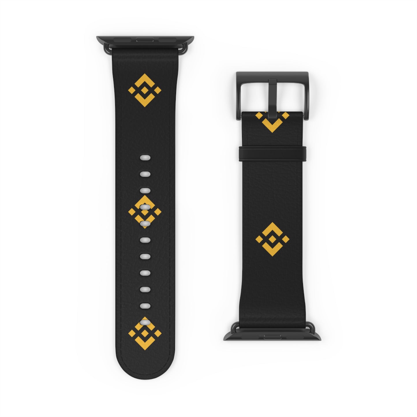 Binance Black Leather Watch Band with Gold Geometric Pattern – Binance Logo Inspired Apple Watch Strap