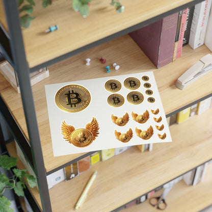 Bitcoin Coin Sticker Sheet — Gold Crypto Decals (Winged & Round Designs)