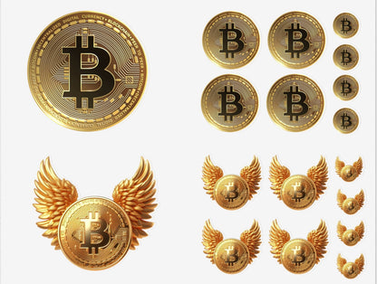 Bitcoin Coin Sticker Sheet — Gold Crypto Decals (Winged & Round Designs)