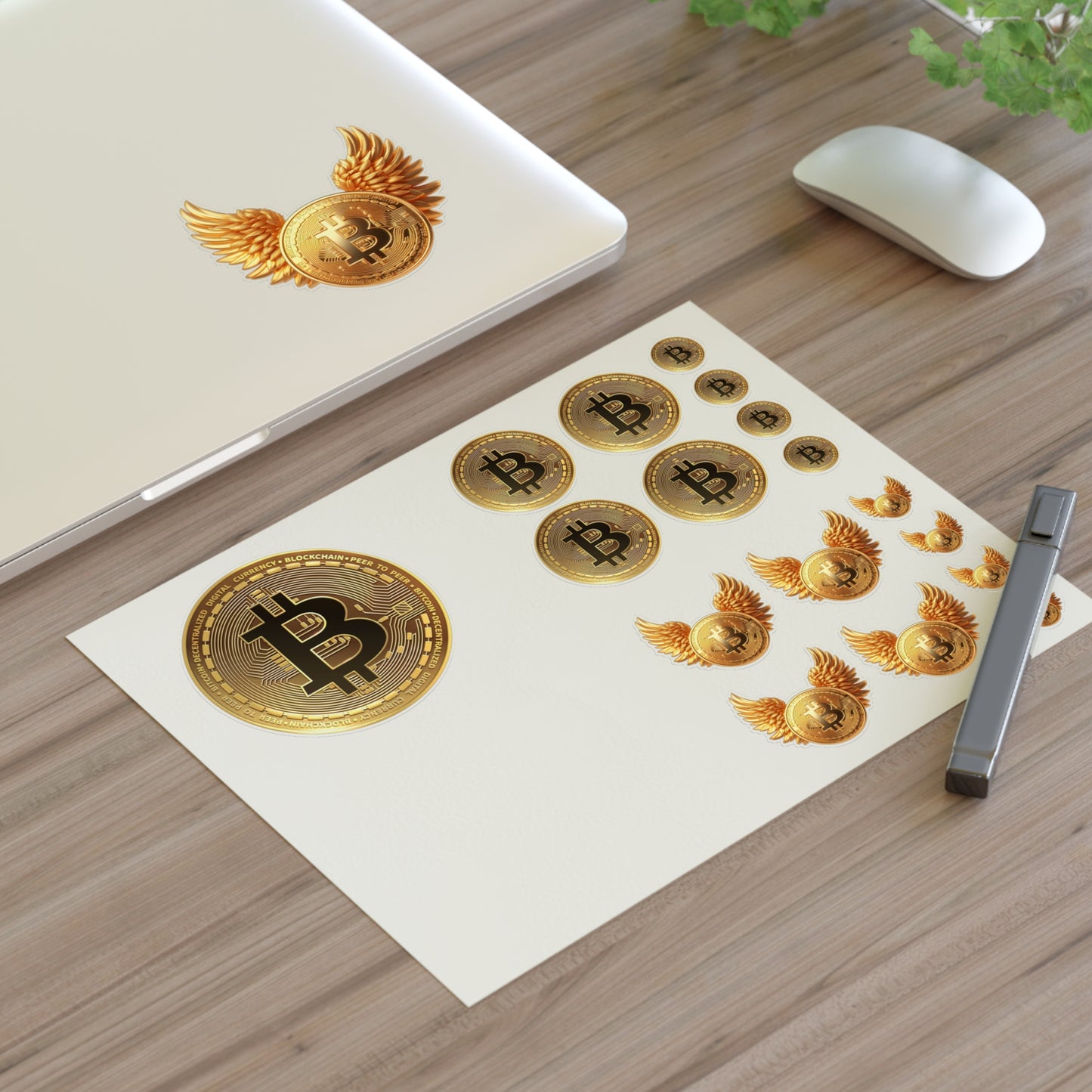Bitcoin Coin Sticker Sheet — Gold Crypto Decals (Winged & Round Designs)
