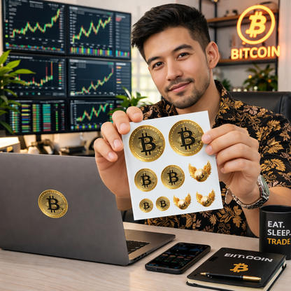 Bitcoin Coin Sticker Sheet — Gold Crypto Decals (Winged & Round Designs)
