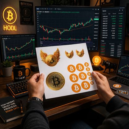 Bitcoin Sticker Sheet — Crypto Coin & Winged BTC Decal Set