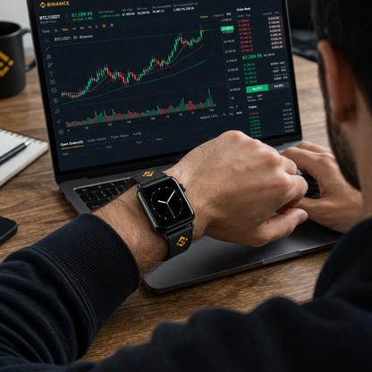 Binance Black Leather Watch Band with Gold Geometric Pattern – Binance Logo Inspired Apple Watch Strap