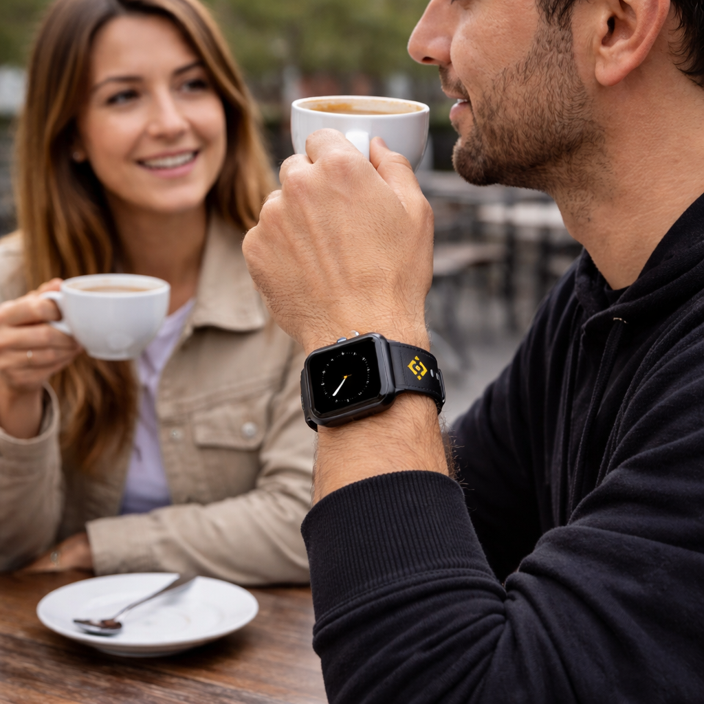 Binance Black Leather Watch Band with Gold Geometric Pattern – Binance Logo Inspired Apple Watch Strap
