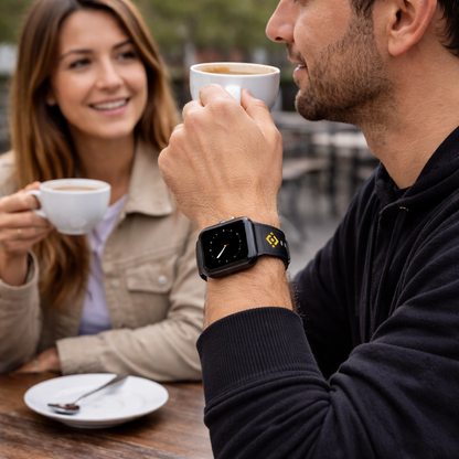 Binance Black Leather Watch Band with Gold Geometric Pattern – Binance Logo Inspired Apple Watch Strap