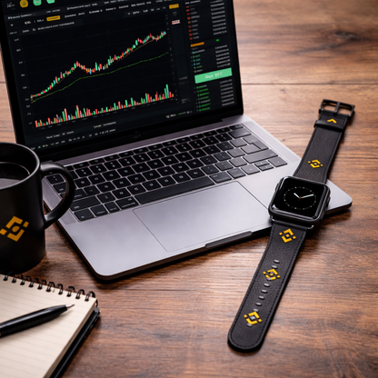 Binance Black Leather Watch Band with Gold Geometric Pattern – Binance Logo Inspired Apple Watch Strap