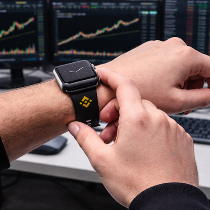 Binance Black Leather Watch Band with Gold Geometric Pattern – Binance Logo Inspired Apple Watch Strap